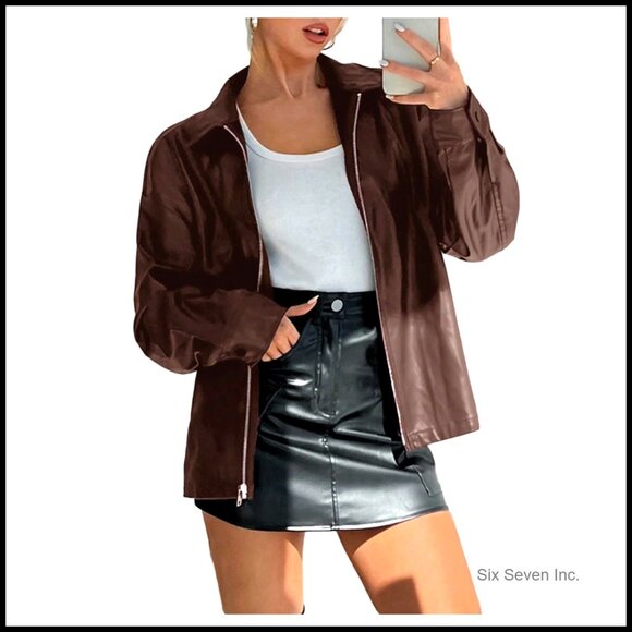 Jackets & Blazers - PU Leather Bomber Jacket Zip Up Collared Long Sleeve Casual Motorcycle Outerwear